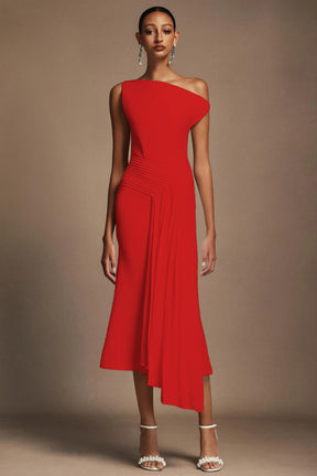 Jillian Oblique Shoulder Sleeveless Folds Midi Dress